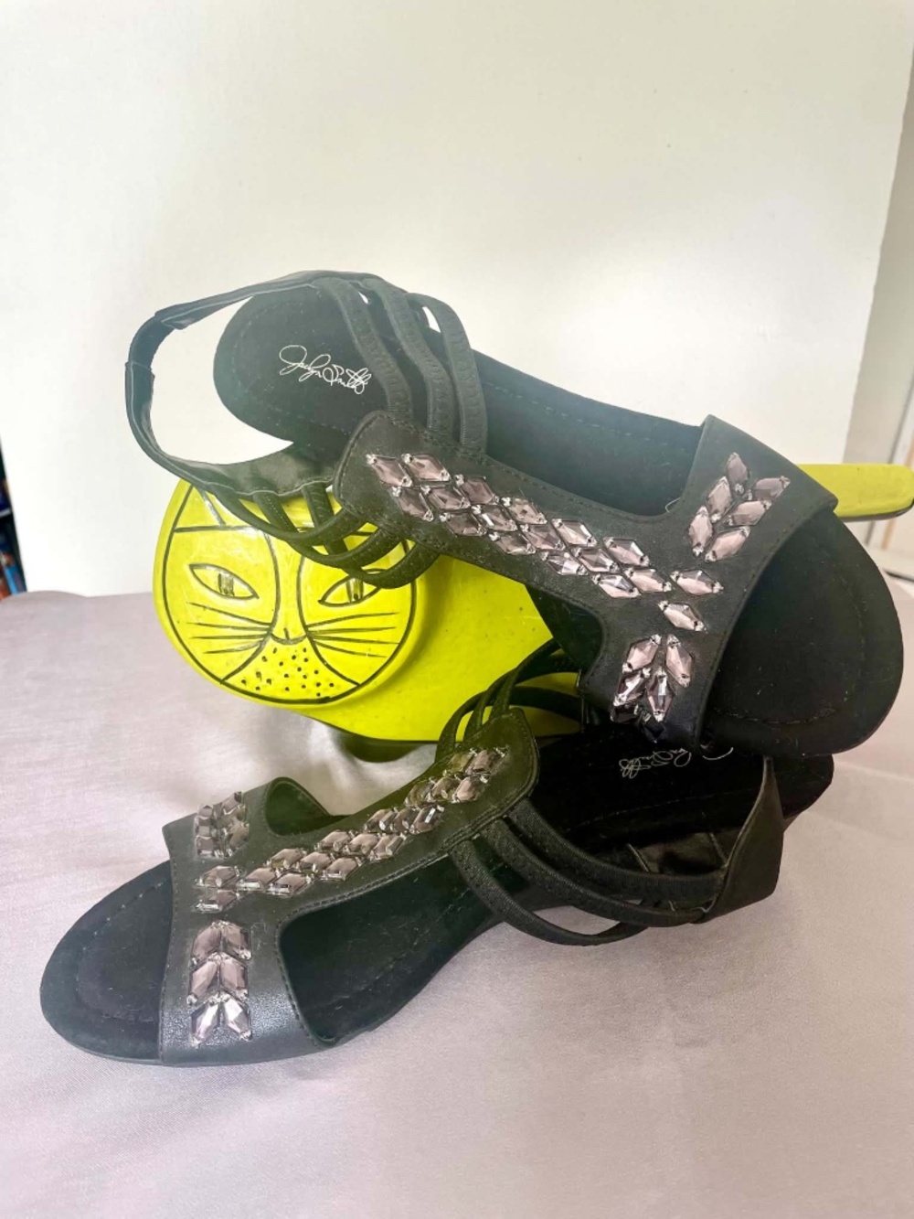 Jaclyn Smith Black Rhinestone Embellished Wedge Sandals 7.5